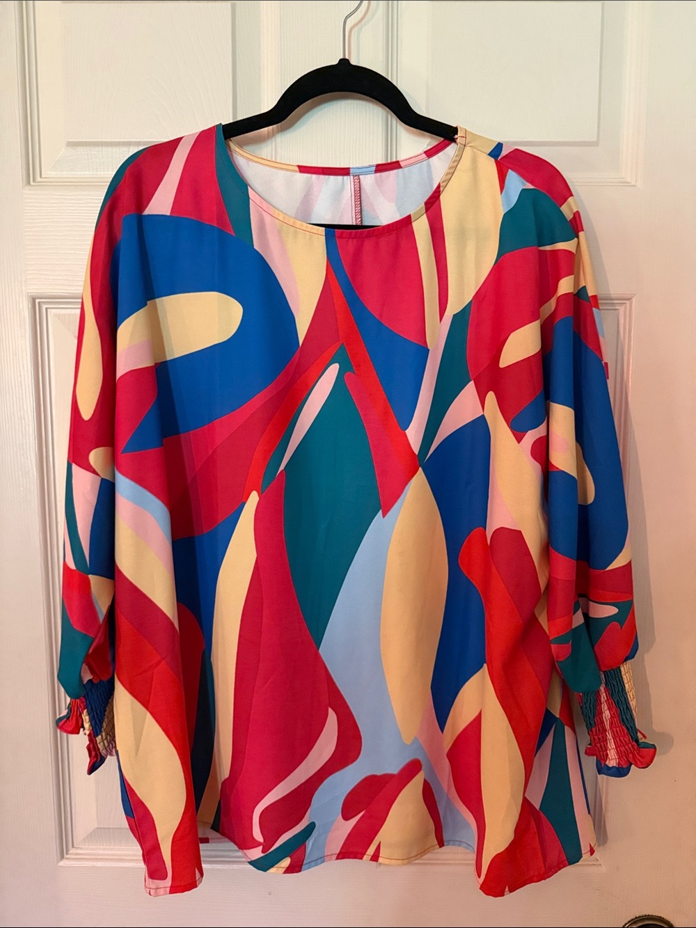 Multicolor Abstract Print Women's Blouse — Red, Blue & Teal